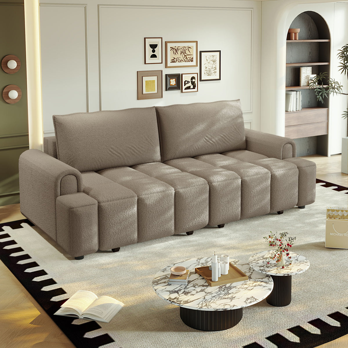 Light brown 4-seat modern couch with storage seats, tufted cushions and back pillows
