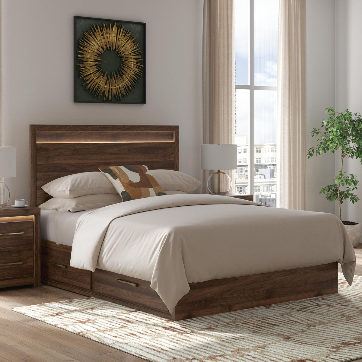 Light brown panel storage bed with white bedding, headboard, and under-bed drawers