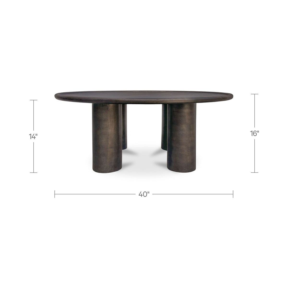 Deep bronze round coffee table with pedestal legs, 40 in wide; 14 in & 16 in