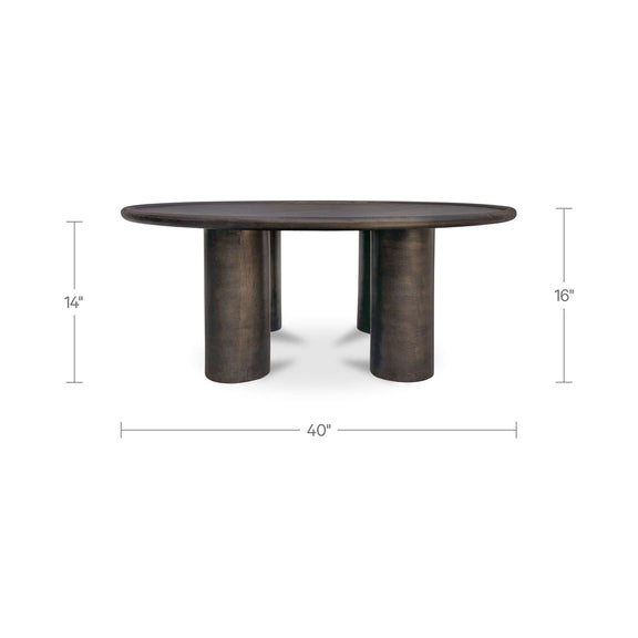 Deep bronze round coffee table with pedestal legs, 40 in wide; 14 in & 16 in