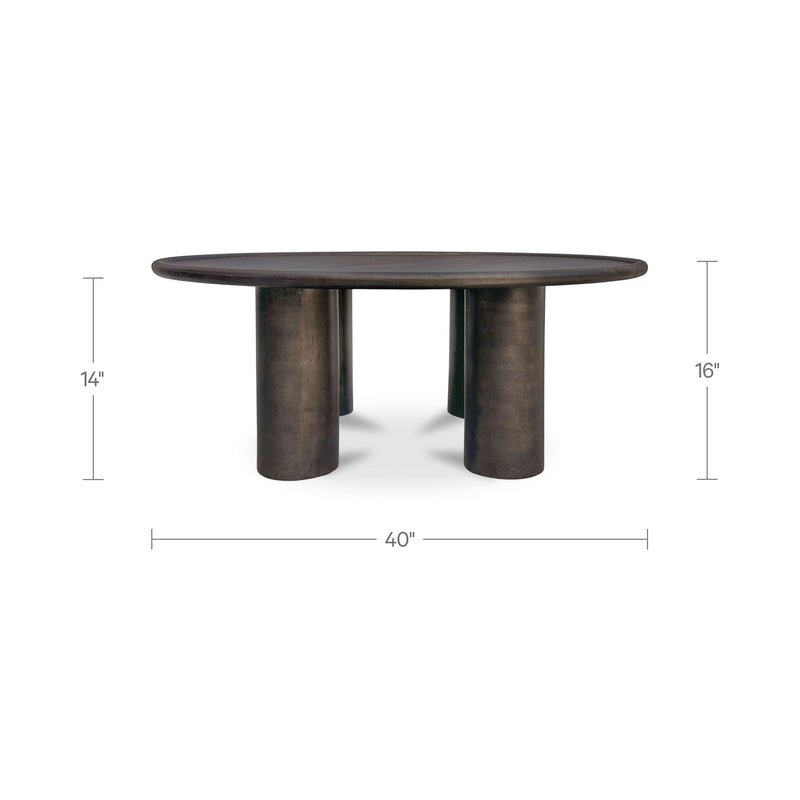 Deep bronze round coffee table with pedestal legs, 40 in wide; 14 in & 16 in