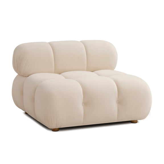 Light beige armless modular chair with padded seat/back blocks and tapered wooden feet