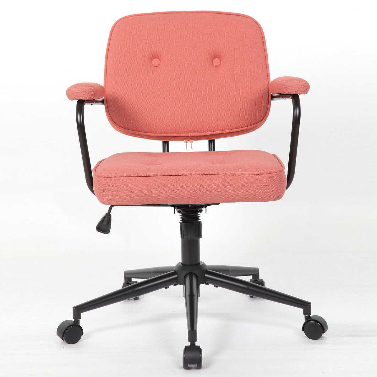 Pink upholstered task chair with padded back, curved armrests, and rolling casters
