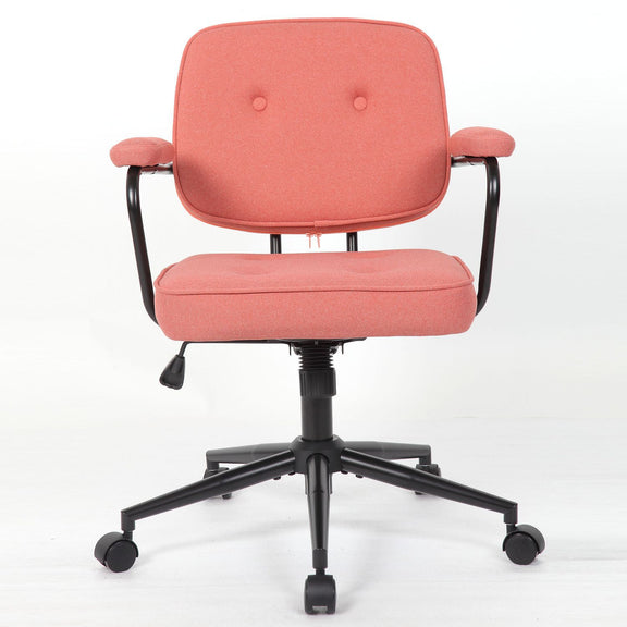 Pink upholstered task chair with padded back, curved armrests, and rolling casters