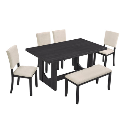 Rectangular dining table set with dark table and beige upholstered chairs, 4-chair view