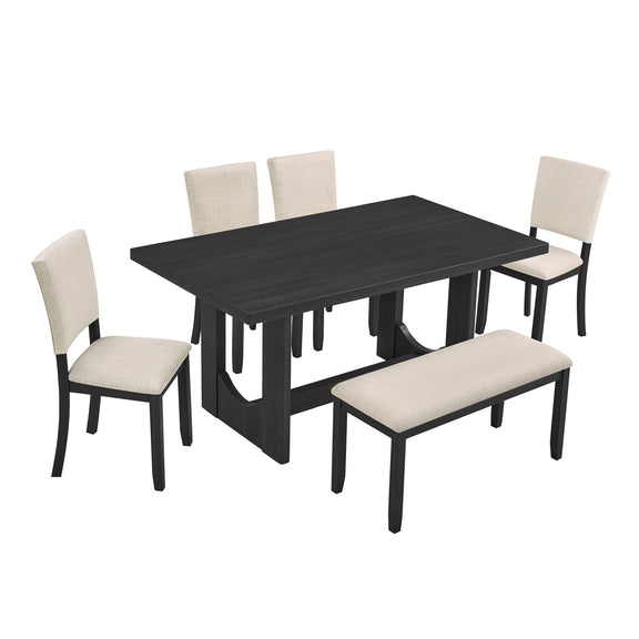 Rectangular dining table set with dark table and beige upholstered chairs, 4-chair view