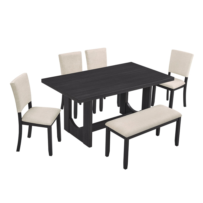 Rectangular dining table set with dark table and beige upholstered chairs, 4-chair view