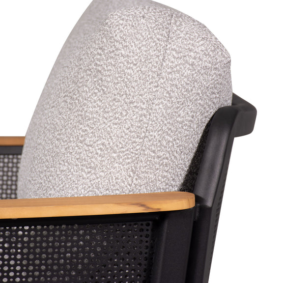 Armchair back and seat with light gray fabric, black frame with wooden armrest