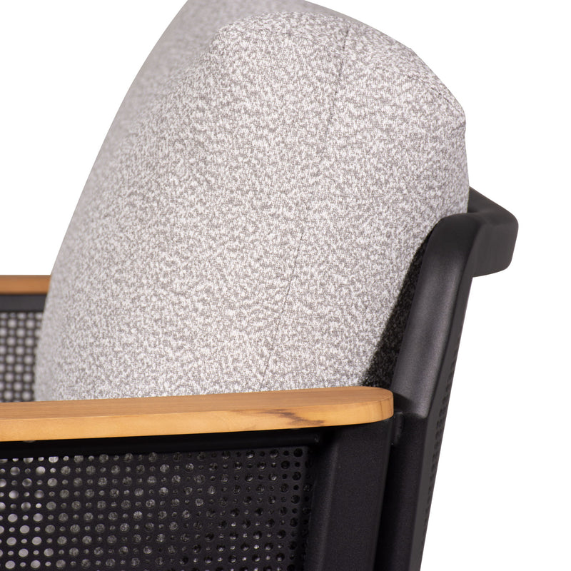 Armchair back and seat with light gray fabric, black frame with wooden armrest