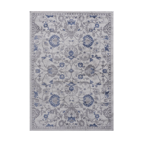Light gray oriental area rug with blue floral pattern and border