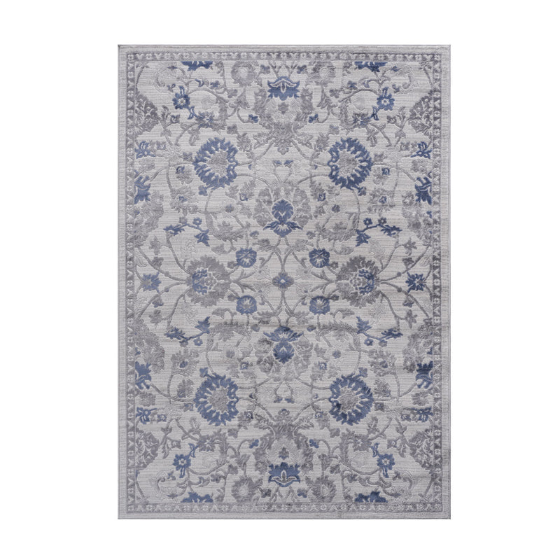 Light gray oriental area rug with blue floral pattern and border