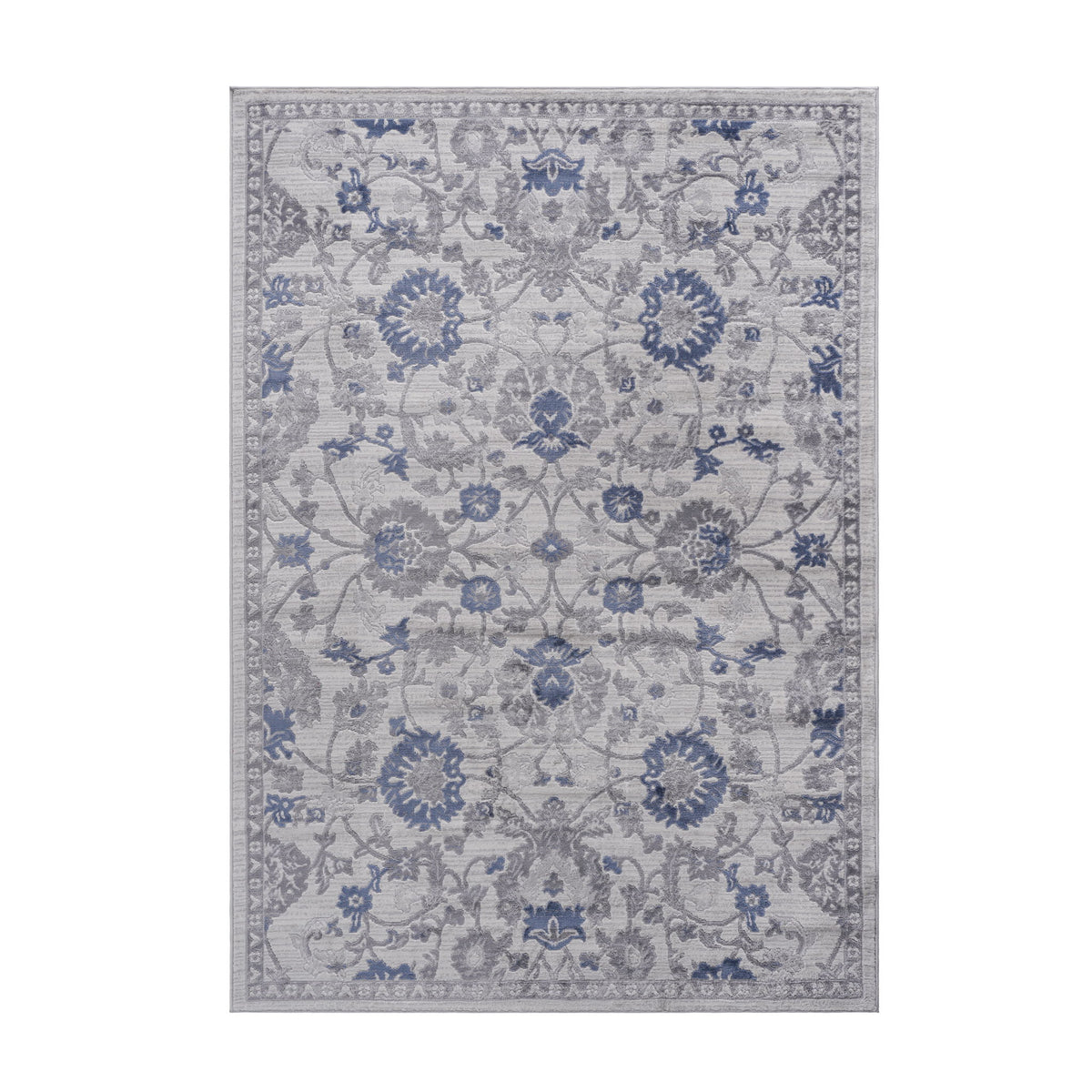 Rectangular oriental area rug in light gray with blue floral pattern and border