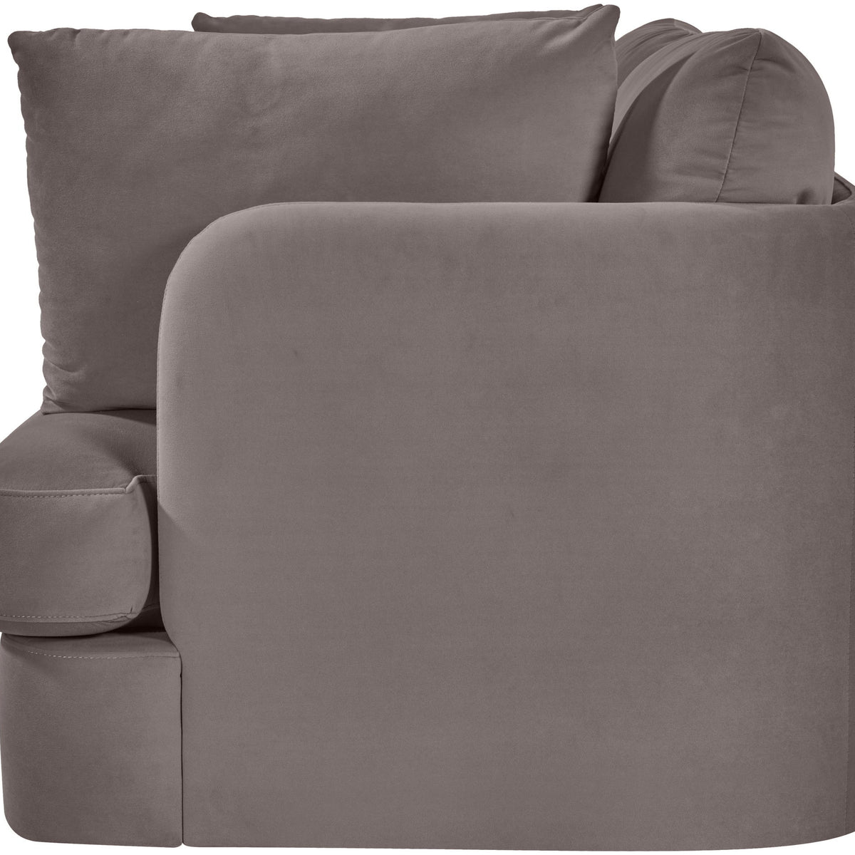 Medium gray velvet upholstered loveseat with rounded arms and two back cushions