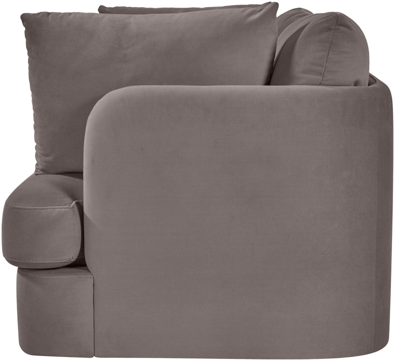Medium gray velvet upholstered loveseat with rounded arms and two back cushions