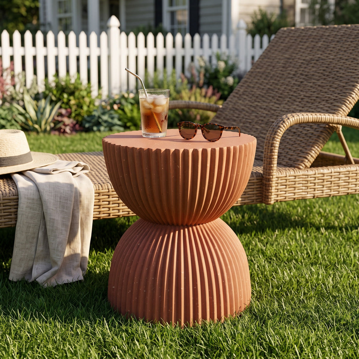 Orange speckled ribbed side table with fluted two-tier silhouette