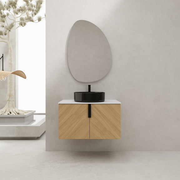 Wall-mounted bathroom vanity with light wood cabinet, white countertop, and black vessel sink