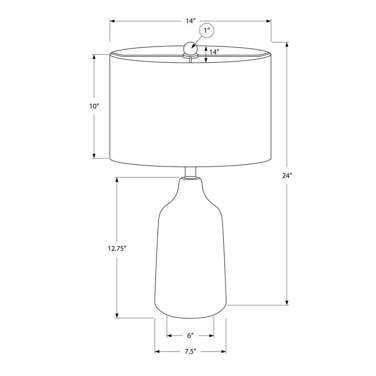 Table lamp dimension diagram showing drum shade and bottle-shaped base
