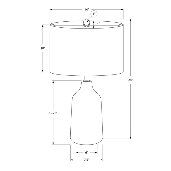 Table lamp dimension diagram showing drum shade and bottle-shaped base