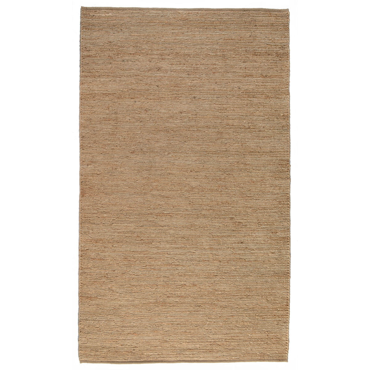 Natural tan jute rug with minimal pattern, flatwoven surface and fringe border.