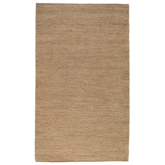 Natural tan jute rug with minimal pattern, flatwoven surface and fringe border.