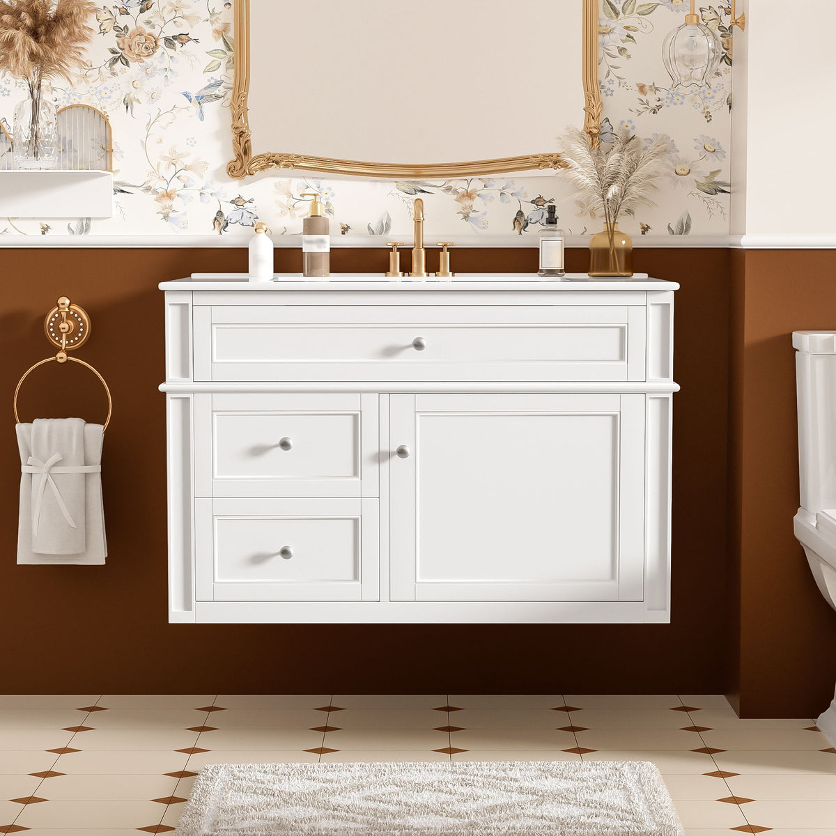 White wall-mounted bathroom vanity with sink, two drawers, tip-out drawer and cabinet door.