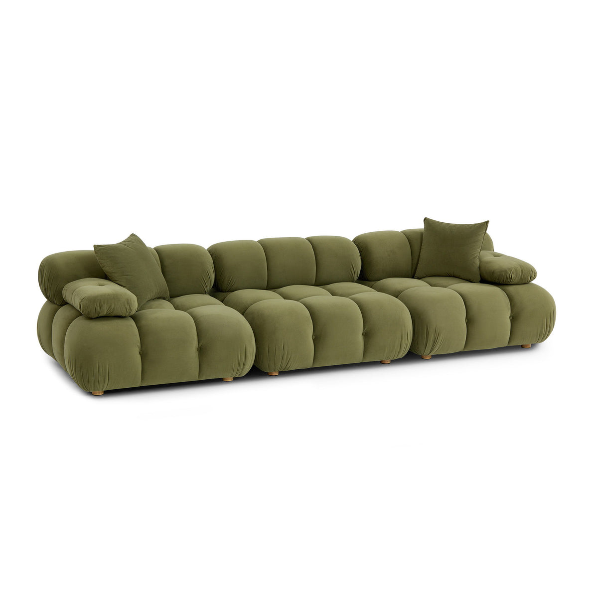Olive green modular sectional sofa with chaise-style end and multiple back pillows
