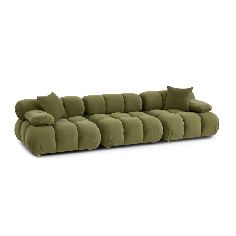 Olive green modular sectional sofa with chaise-style end and multiple back pillows