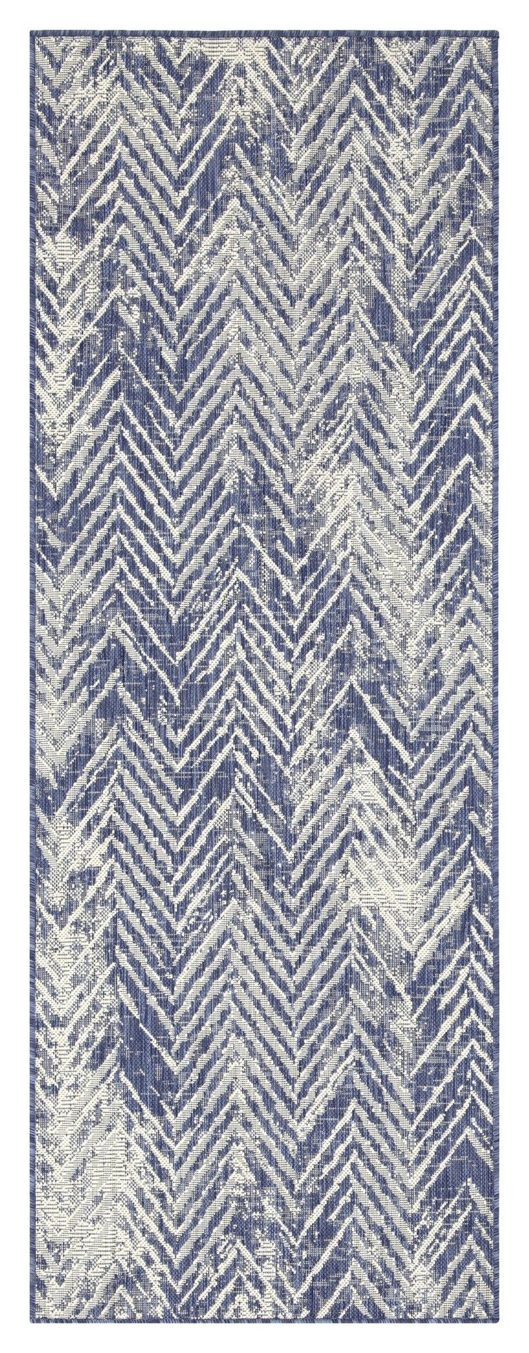 Indoor/outdoor area rug with blue and cream chevron pattern, thin border edges.