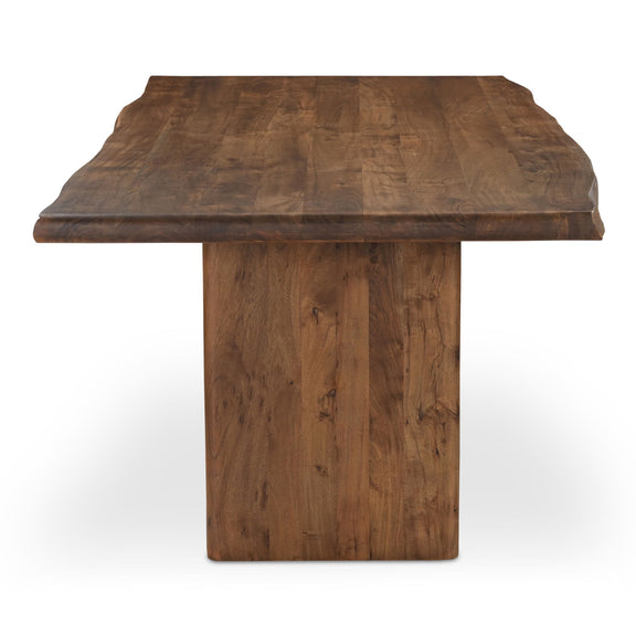 Large brown dining table with thick rectangular top and four straight legs