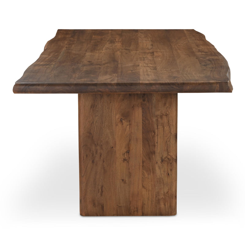 Large brown dining table with thick rectangular top and four straight legs
