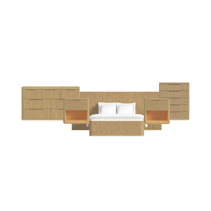 Light brown wall bed bedroom set with platform bed, drawer dresser panels, and side shelves