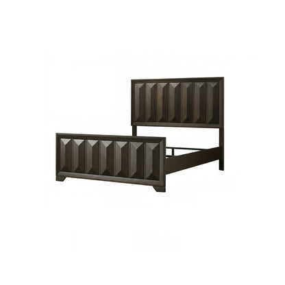 Dark brown platform bed with faceted panel headboard and matching footboard