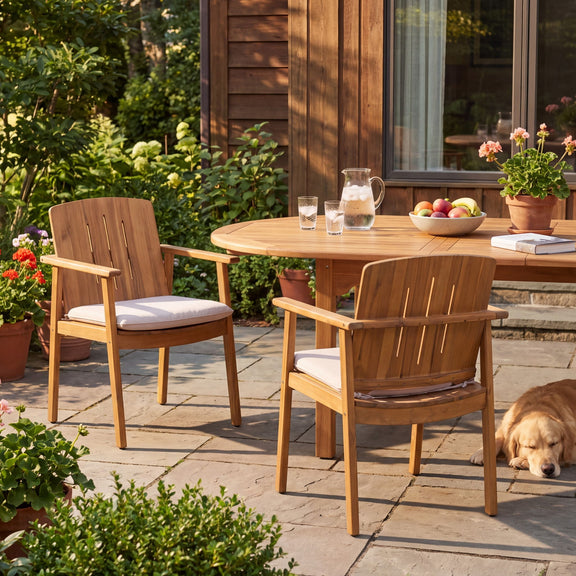 Teak outdoor dining chairs with white cushions and armrests, set of two on patio