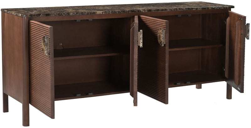 Varenna acacia wood sideboard, dark brown, open 2-door storage with interior shelves