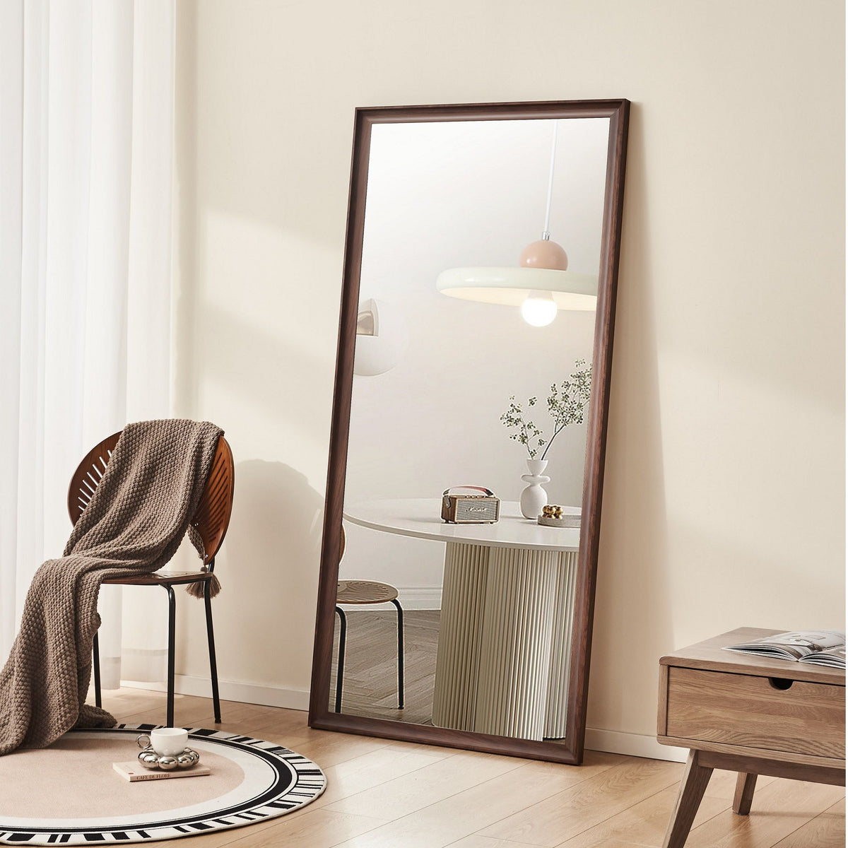 Vintage Full Length Mirror Wall Mounted With Faux Wooden Frame - Brown