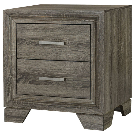Funston 2-drawer nightstand in gray-brown oak with metal bar pulls, corner view
