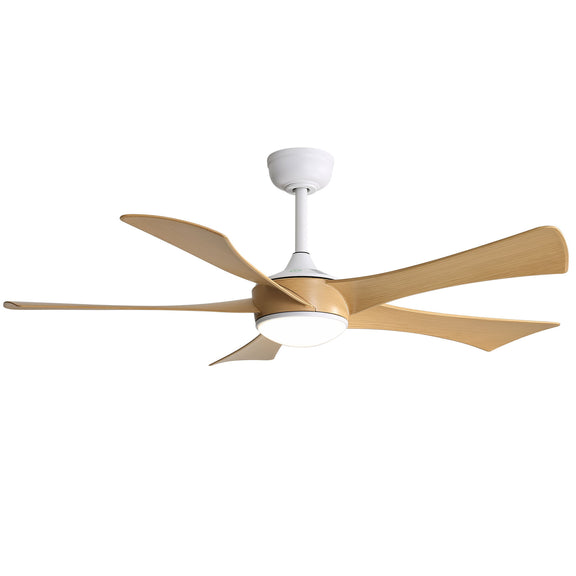 Ceiling fan with white canopy and five light-wood blades