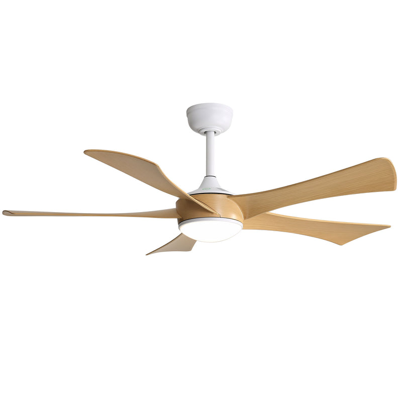Ceiling fan with white canopy and five light-wood blades