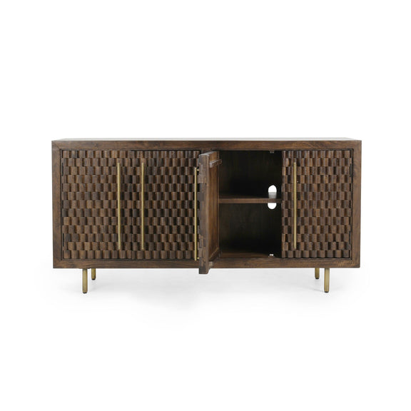 Brown cabinet with open two-door front, showing interior shelves and woven panels