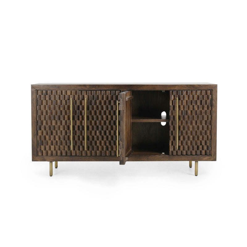 Brown cabinet with open two-door front, showing interior shelves and woven panels