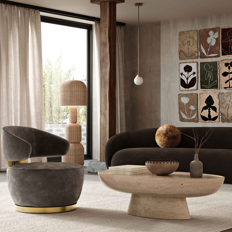 Dark brown velvet sofa with rounded ends and low back, compact armless style