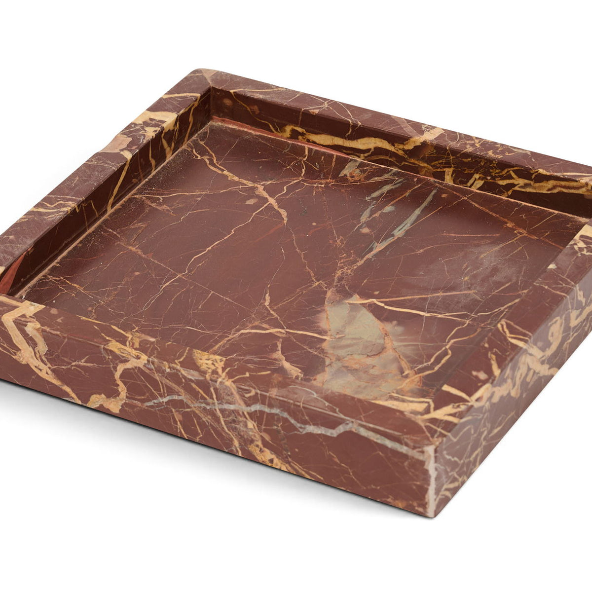 Rectangular dark brown marble tray with swirling light veins and raised edges.