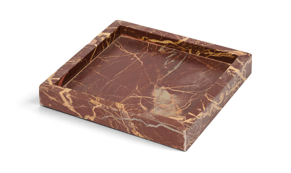 Rectangular dark brown marble tray with swirling light veins and raised edges.