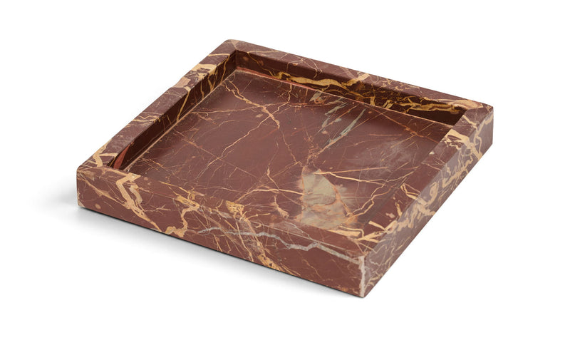 Rectangular dark brown marble tray with swirling light veins and raised edges.
