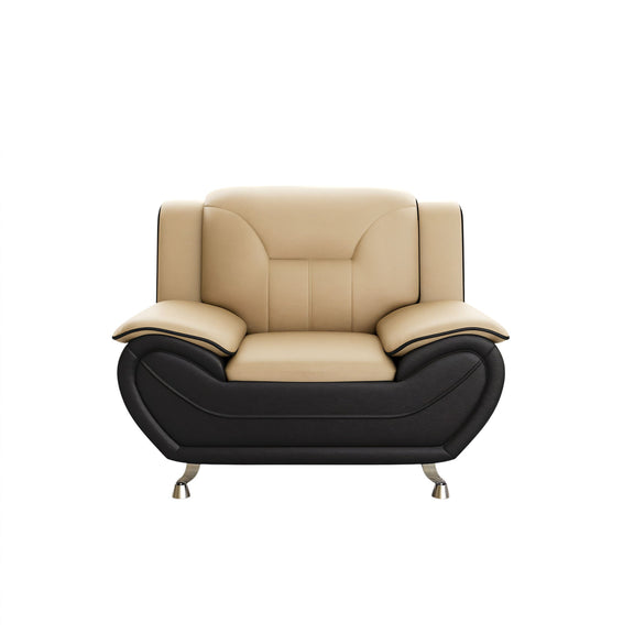 Camel upholstered sofa chair with curved armrests, black base, and metal legs