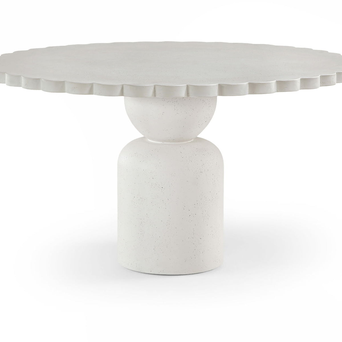 Round indoor/outdoor table with fluted edge top and cylindrical pedestal base in light white.