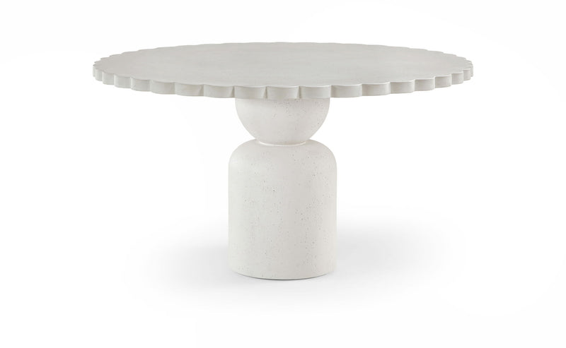 Round indoor/outdoor table with fluted edge top and cylindrical pedestal base in light white.