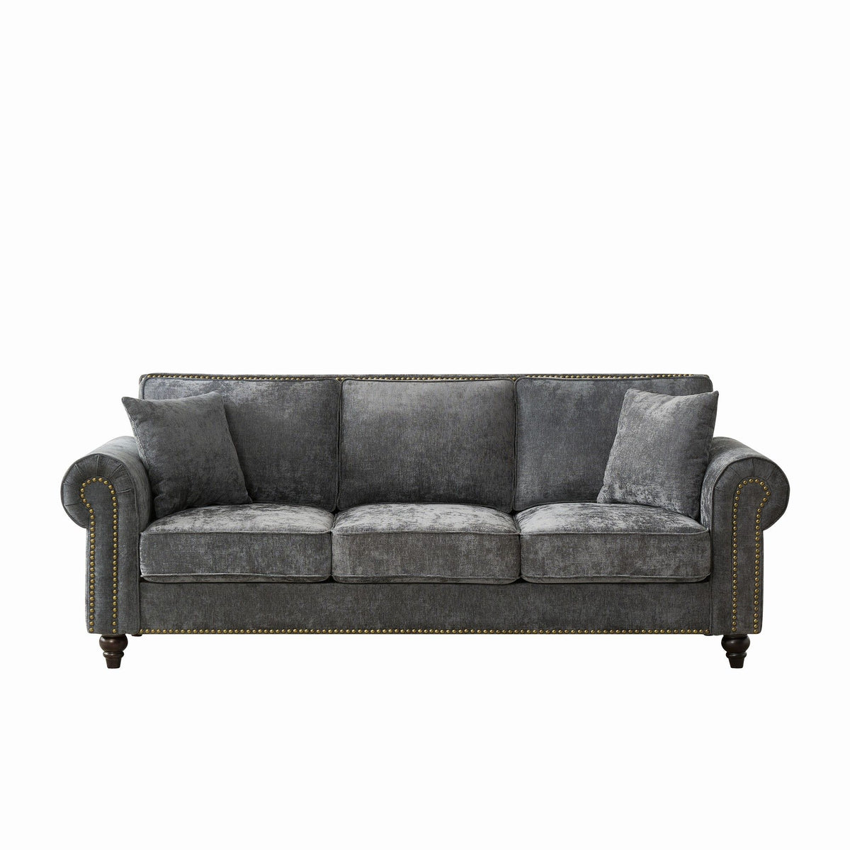 Dark gray 3-seat sofa with tufted back, rolled arms, and nailhead trim along edges
