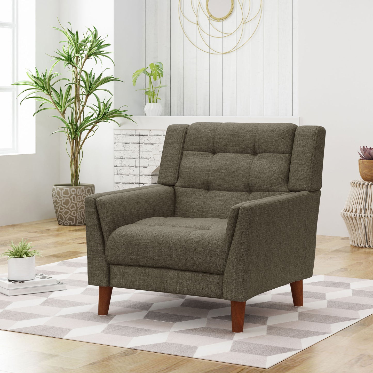 Upholstered Armchair With Button Tufting And Tapered Legs - Mocha
