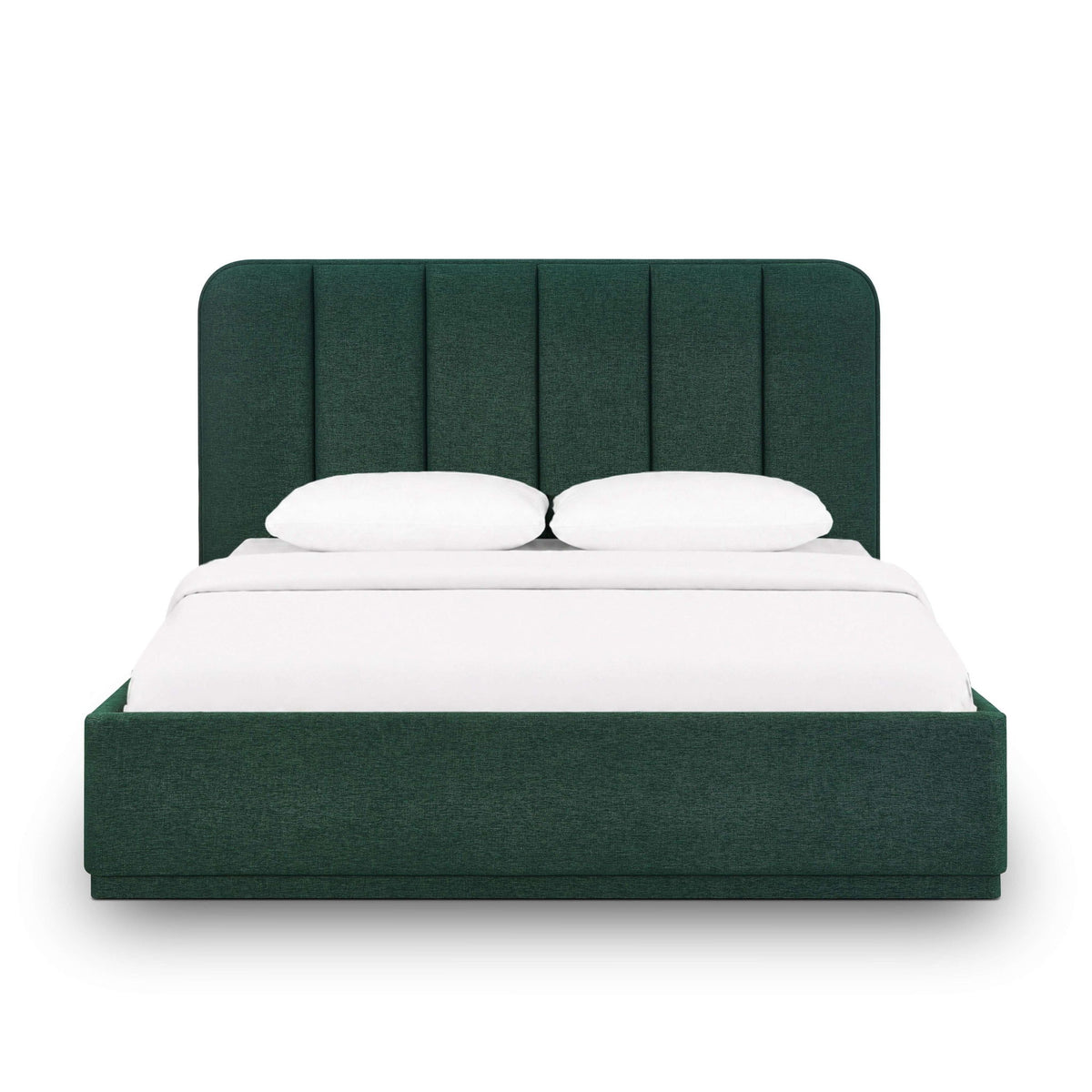 Dark green upholstered bed with arched headboard, panel detailing, and white bedding.